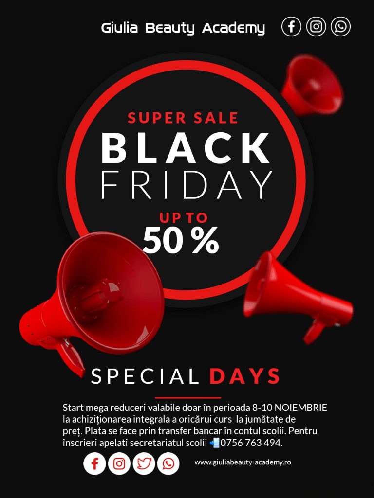 START BLACK FRIDAY WEEK 8-10 NOIEMBRIE !!!! Ai la dispozietie 3 zile pentru plata integrala a cursului dorit cu reducere de 50% !!!! Informatii suplimentare pentru plati/transfer bancar la nr de wazzap 0756763494.